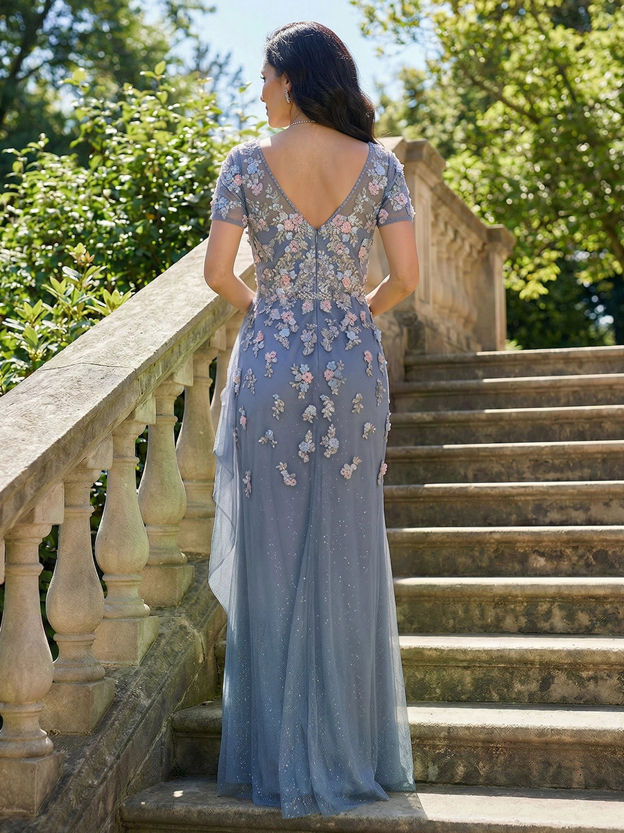 Vedress dusty blue floral applique mermaid mother‑of‑the‑bride gown,short sleeve deep v‑back sparkly tulle formal wedding dress