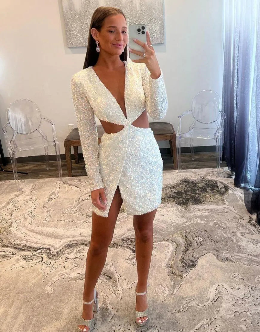 Stunning Bodycon DeepV LongSleeve Sequin Cutout Slit Short Homecoming Dress