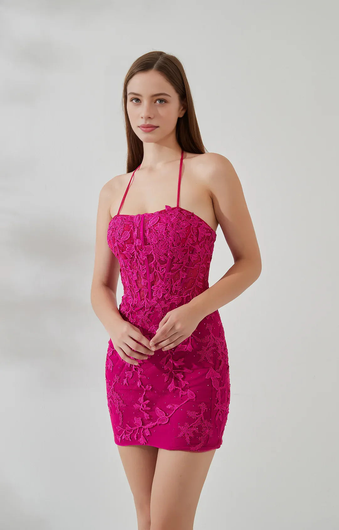 Stunning Bodycon Halter Lace Applique Mini Corset Homecoming Dress