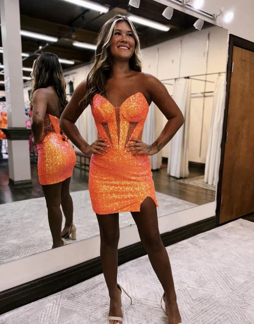Stunning Corset Strapless Sleeveless Sequin Slit Short Homecoming Dress