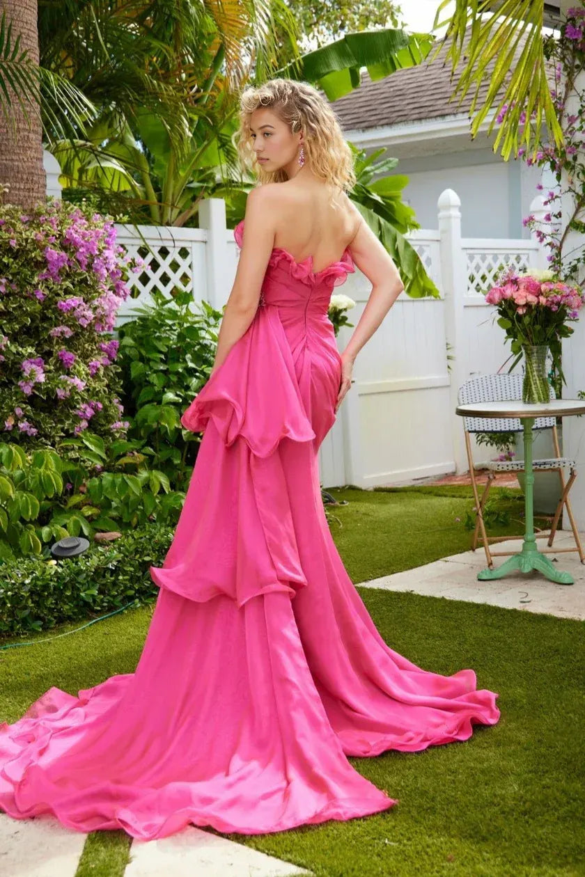 Stunning Fit-and-Flare Strapless Sleeveless Chiffon Evening Dress Floor-Length Ruffled Beaded High-Slit Prom Dress With Train