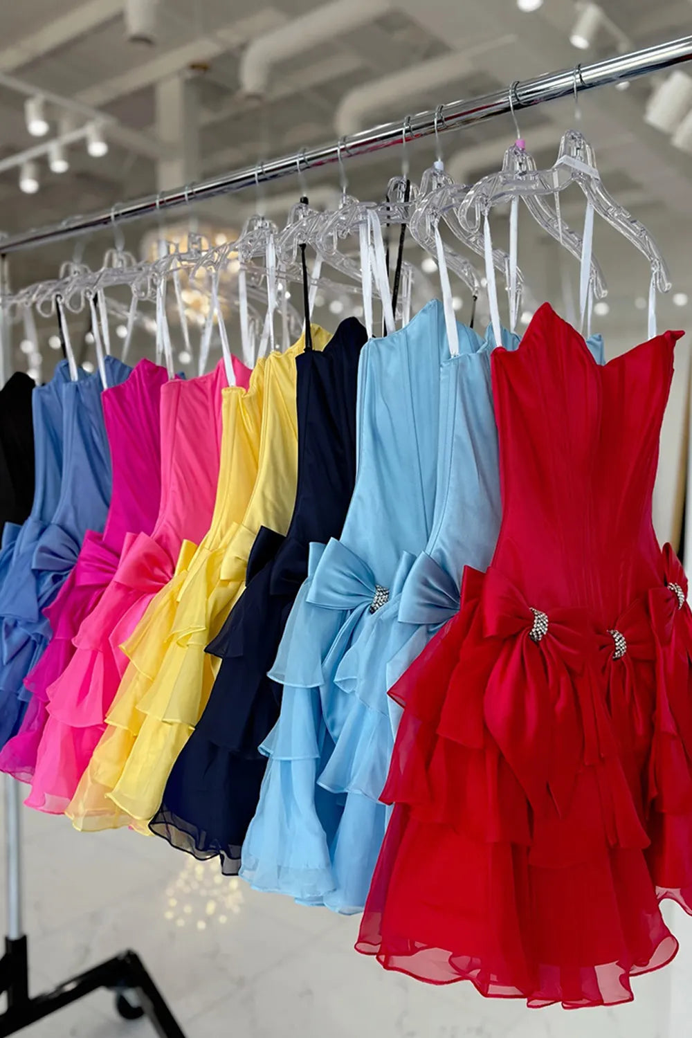 Stunning Cute A-line Sweetheart Sleeveless Satin Homecoming Dress Mini Rhinestone Bow Cocktail Dress