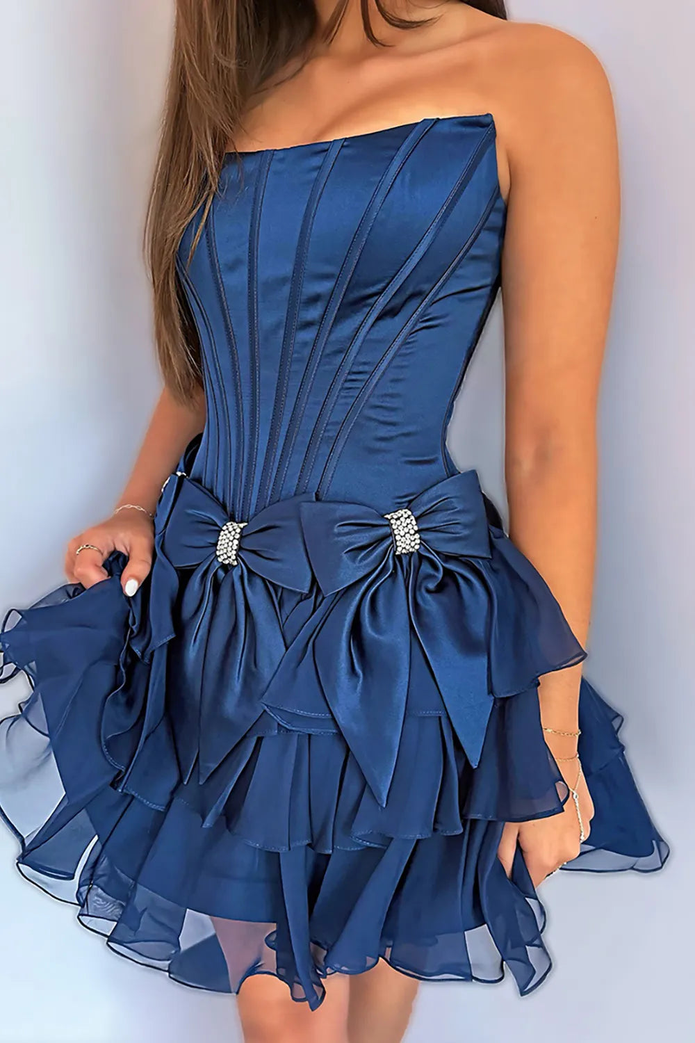 Stunning Cute A-line Sweetheart Sleeveless Satin Homecoming Dress Mini Rhinestone Bow Cocktail Dress