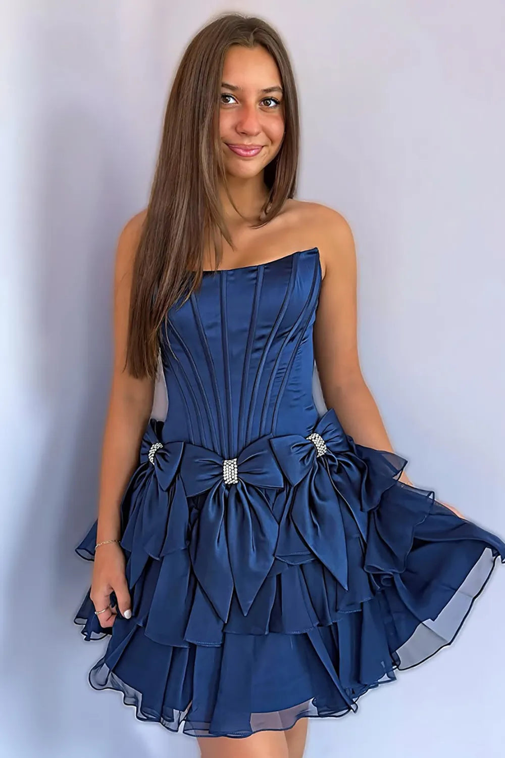 Stunning Cute A-line Sweetheart Sleeveless Satin Homecoming Dress Mini Rhinestone Bow Cocktail Dress
