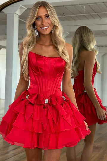 Stunning Cute A-line Sweetheart Sleeveless Satin Homecoming Dress Mini Rhinestone Bow Cocktail Dress