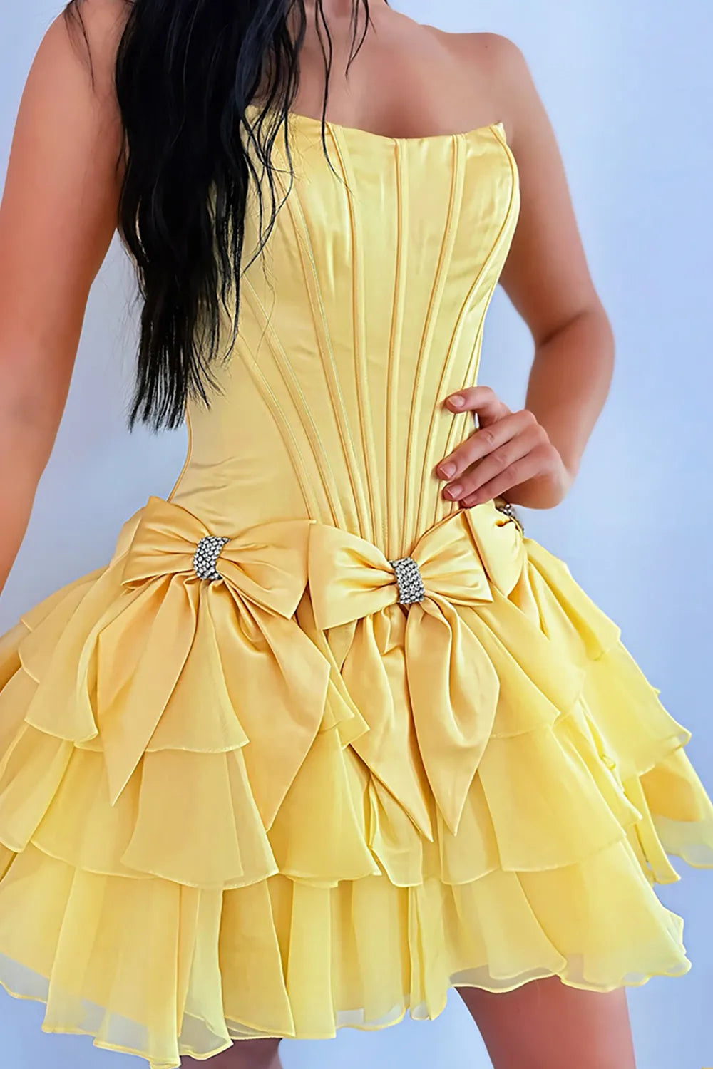 Stunning Cute A-line Sweetheart Sleeveless Satin Homecoming Dress Mini Rhinestone Bow Cocktail Dress