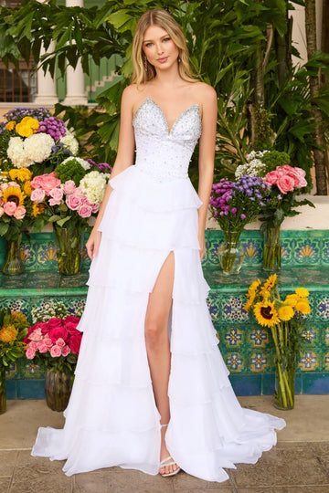 Stunning Fit-and-Flare Sweetheart Strapless Sleeveless Beaded Chiffon Floor-Length Tiered Ruffled High-Slit Prom Dress