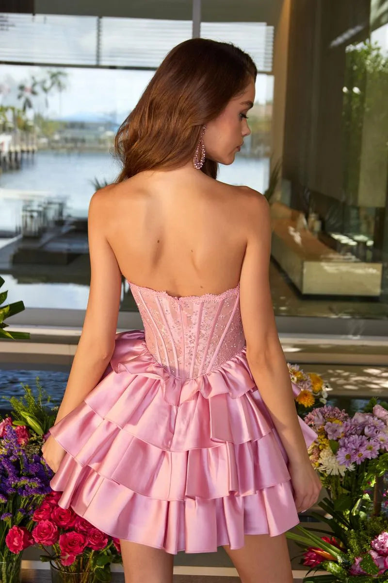 Stunning Fit-and-Flare Sweetheart Strapless Sleeveless Satin Lace Short Corset Tiered Homecoming Dress