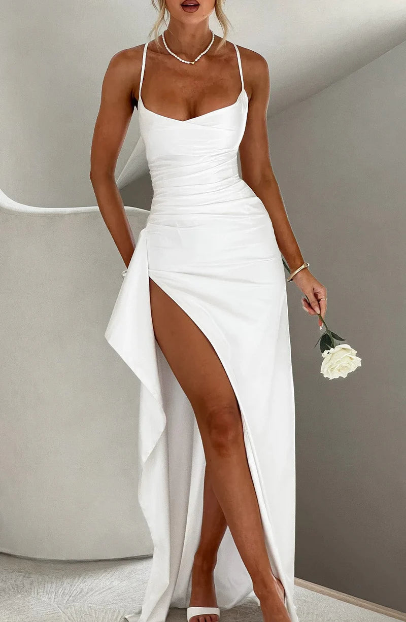 Stunning Fitted Cowl Satin Maxi Ruffle High Slit Gown Evening Dress