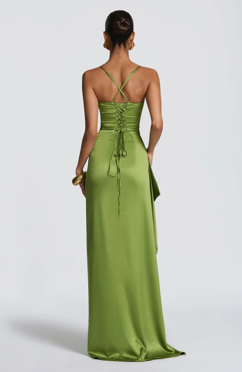 Stunning Fitted Cowl Satin Maxi Ruffle High Slit Gown Evening Dress
