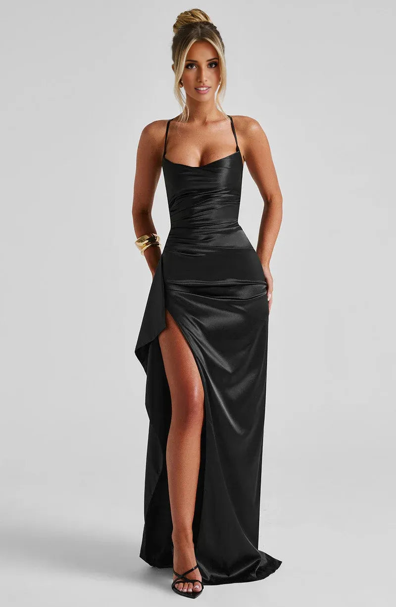 Stunning Fitted Cowl Satin Maxi Ruffle High Slit Gown Evening Dress