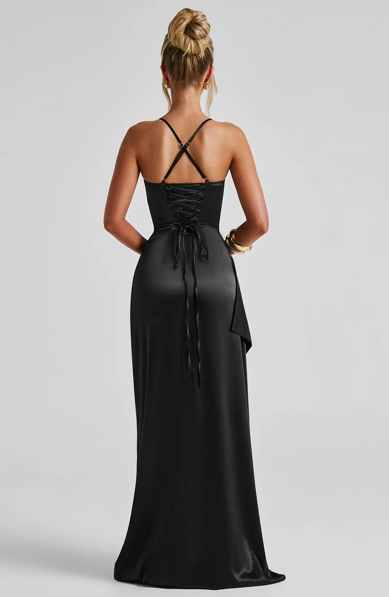 Stunning Fitted Cowl Satin Maxi Ruffle High Slit Gown Evening Dress