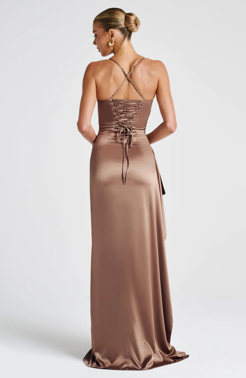 Stunning Fitted Cowl Satin Maxi Ruffle High Slit Gown Evening Dress