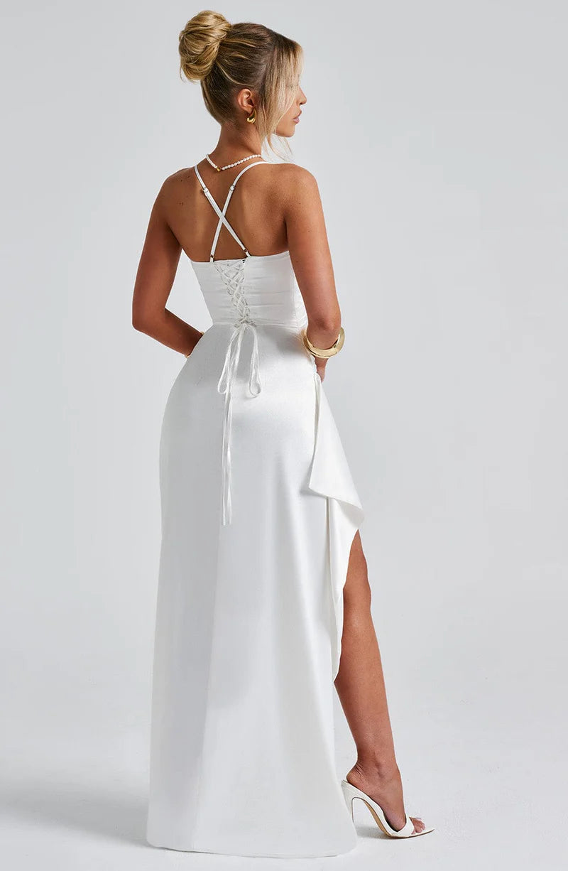 Stunning Fitted Cowl Satin Maxi Ruffle High Slit Gown Evening Dress