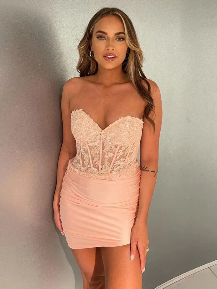 Stunning Fitted Sweetheart Lace Corset Mini Ruched Homecoming Dress