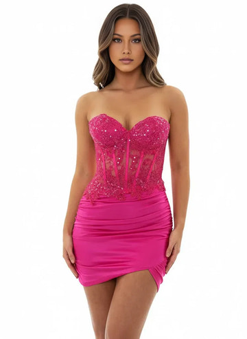 Stunning Fitted Sweetheart Lace Corset Mini Ruched Homecoming Dress