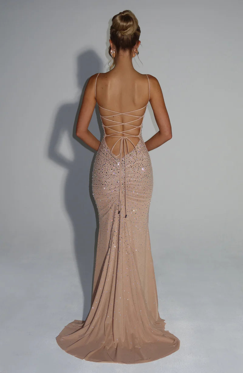 Stunning Lace-Up Back Mermaid Gown with Sparkling Rhinestones Evening Dress