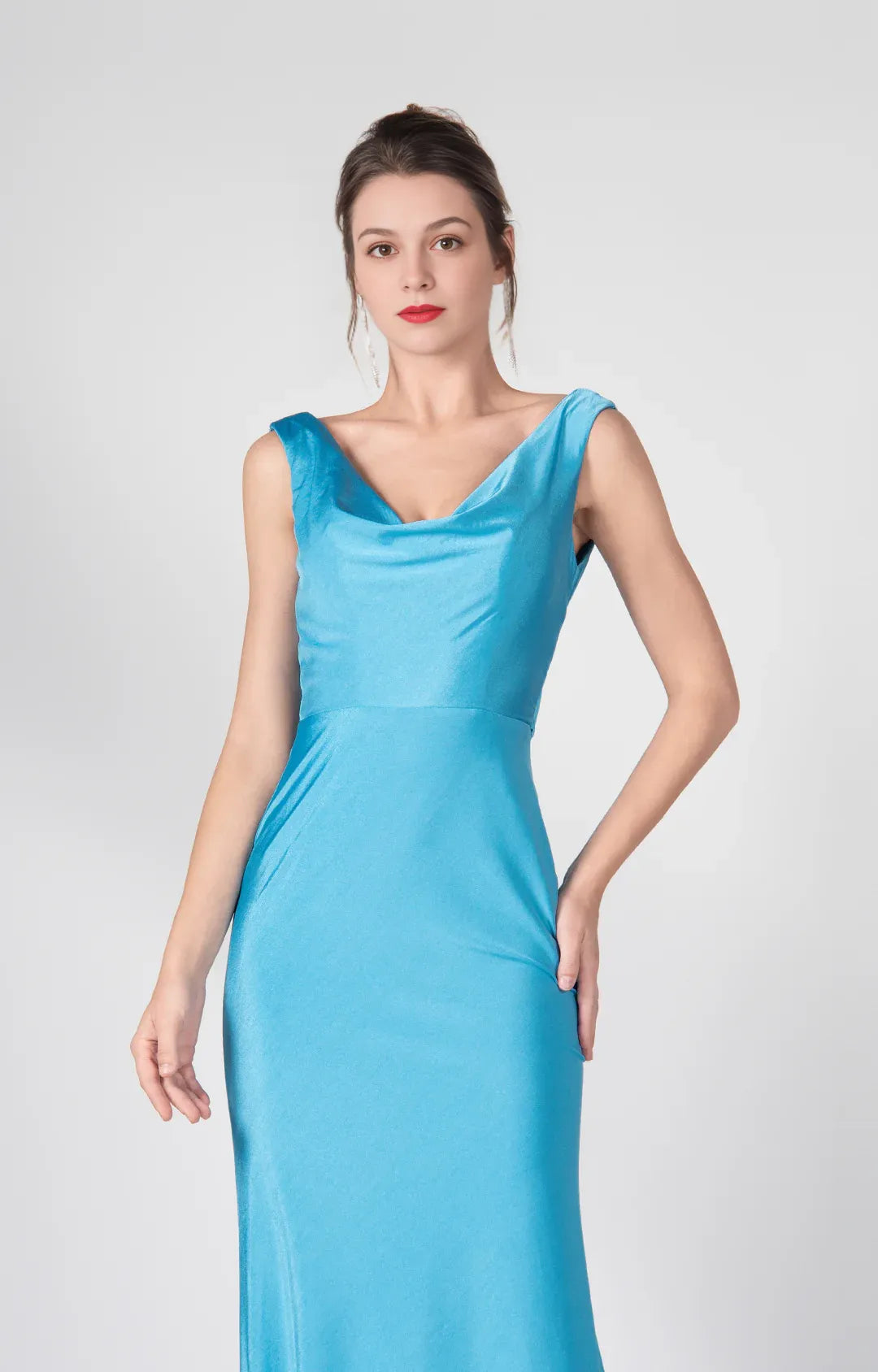 Stunning Mermaid Cowl Neck Sleeveless Satin Floor Length Deep V Back Evening Dress