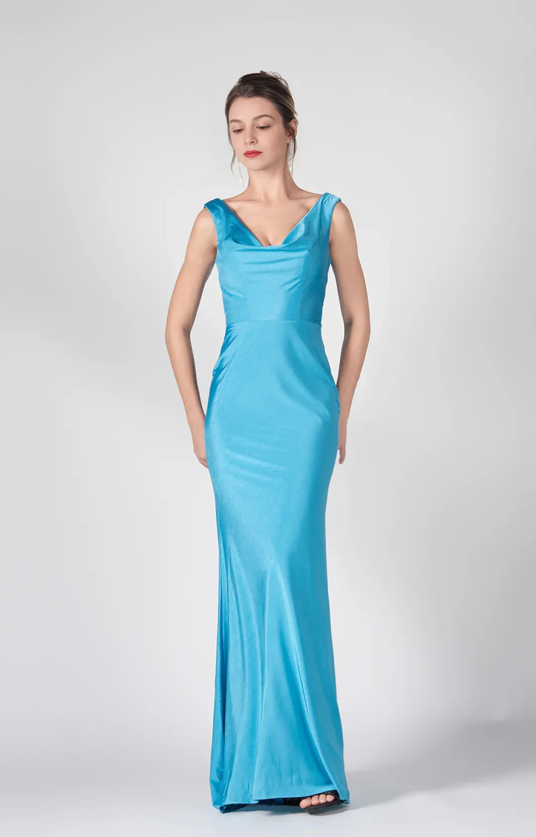 Stunning Mermaid Cowl Neck Sleeveless Satin Floor Length Deep V Back Evening Dress