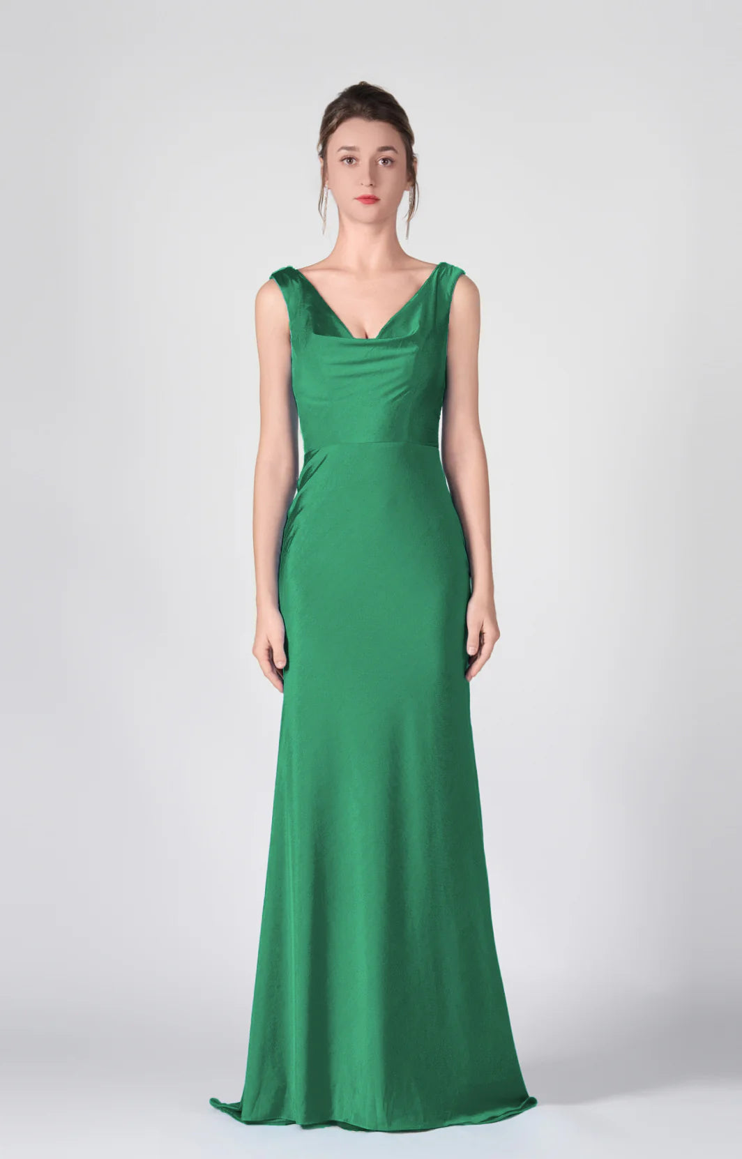Stunning Mermaid Cowl Neck Sleeveless Satin Floor Length Deep V Back Evening Dress