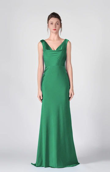 Stunning Mermaid Cowl Neck Sleeveless Satin Floor Length Deep V Back Evening Dress