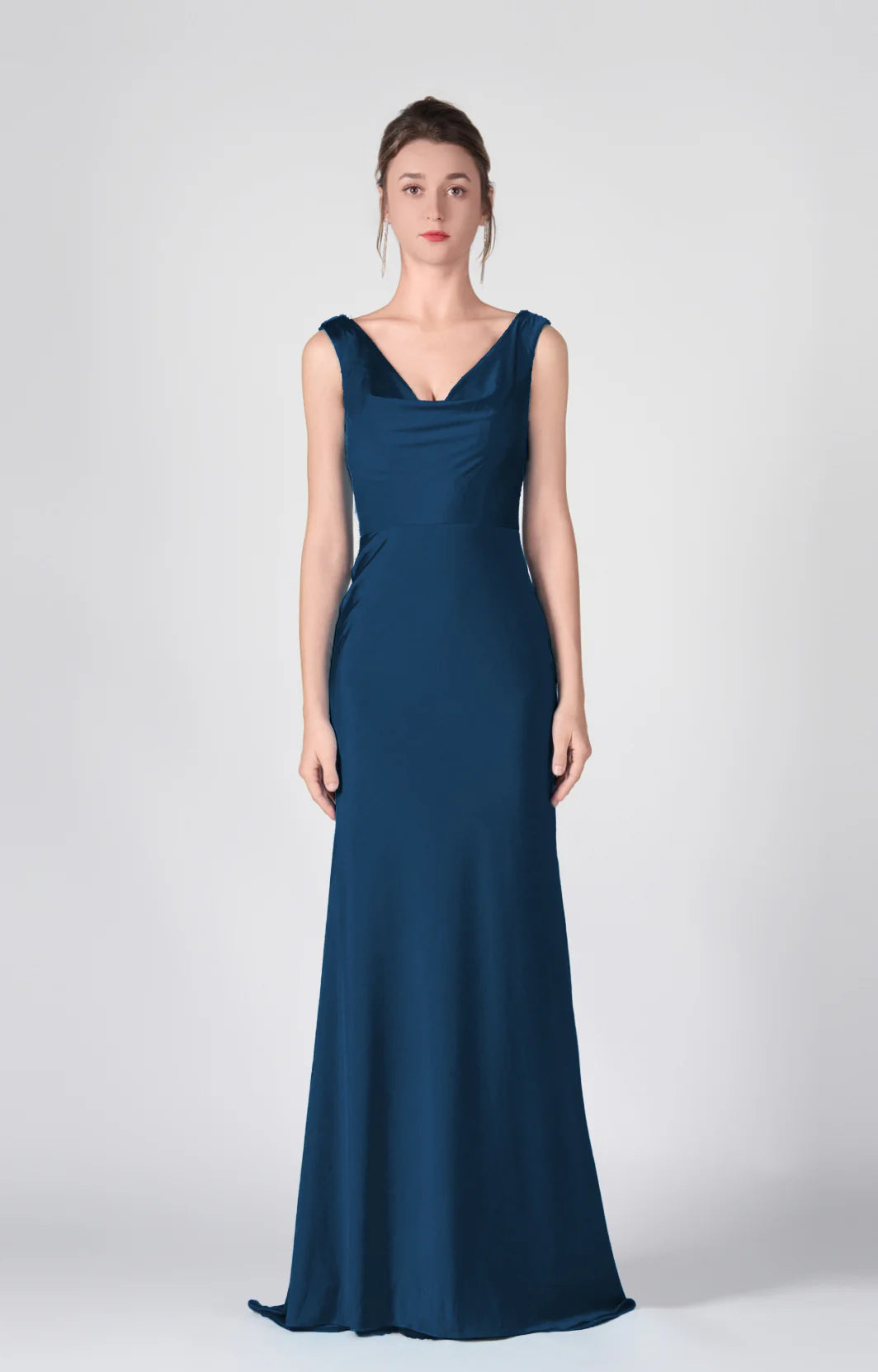 Stunning Mermaid Cowl Neck Sleeveless Satin Floor Length Deep V Back Evening Dress