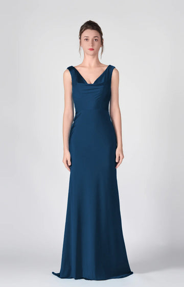 Stunning Mermaid Cowl Neck Sleeveless Satin Floor Length Deep V Back Evening Dress