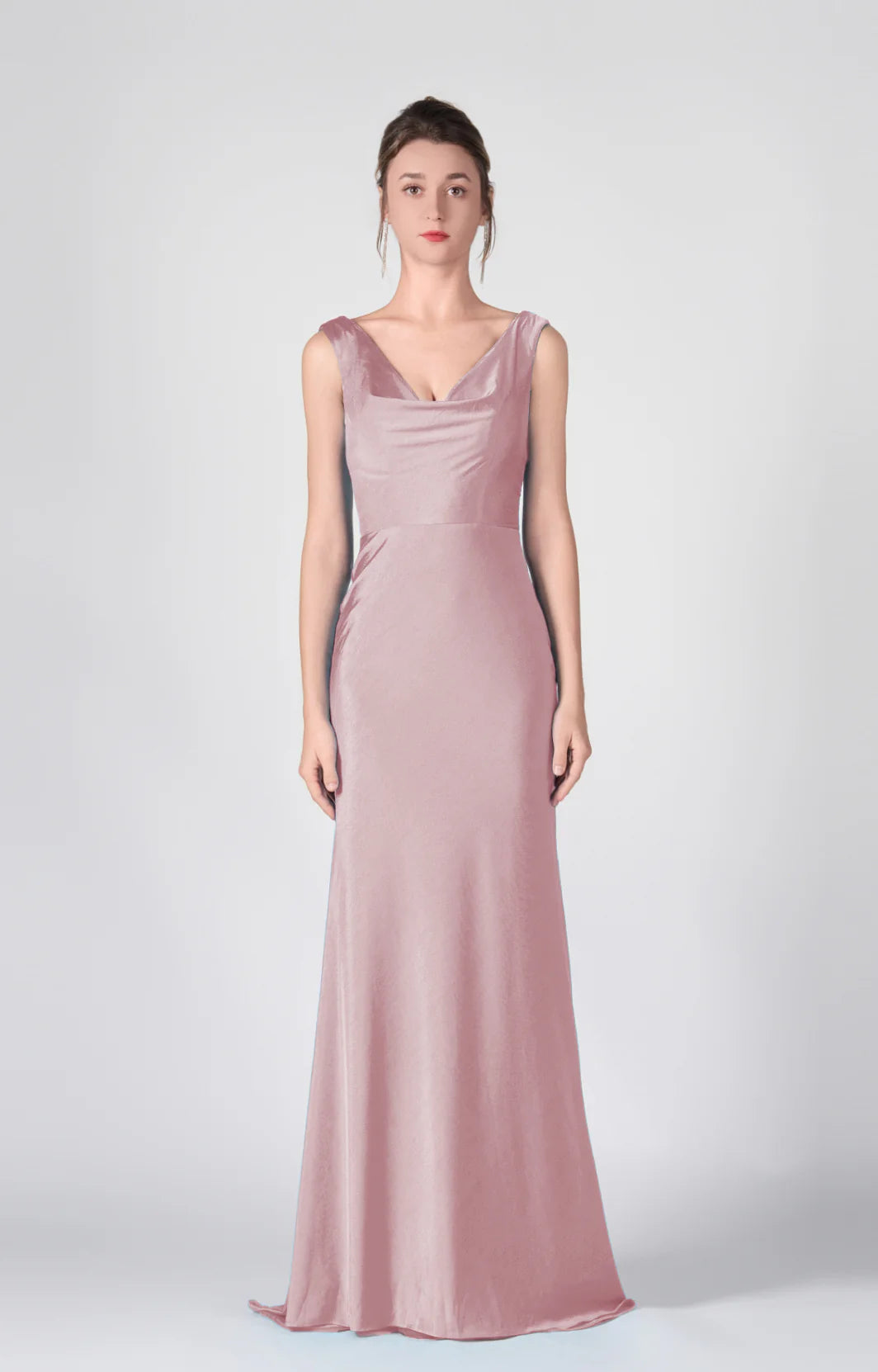 Stunning Mermaid Cowl Neck Sleeveless Satin Floor Length Deep V Back Evening Dress