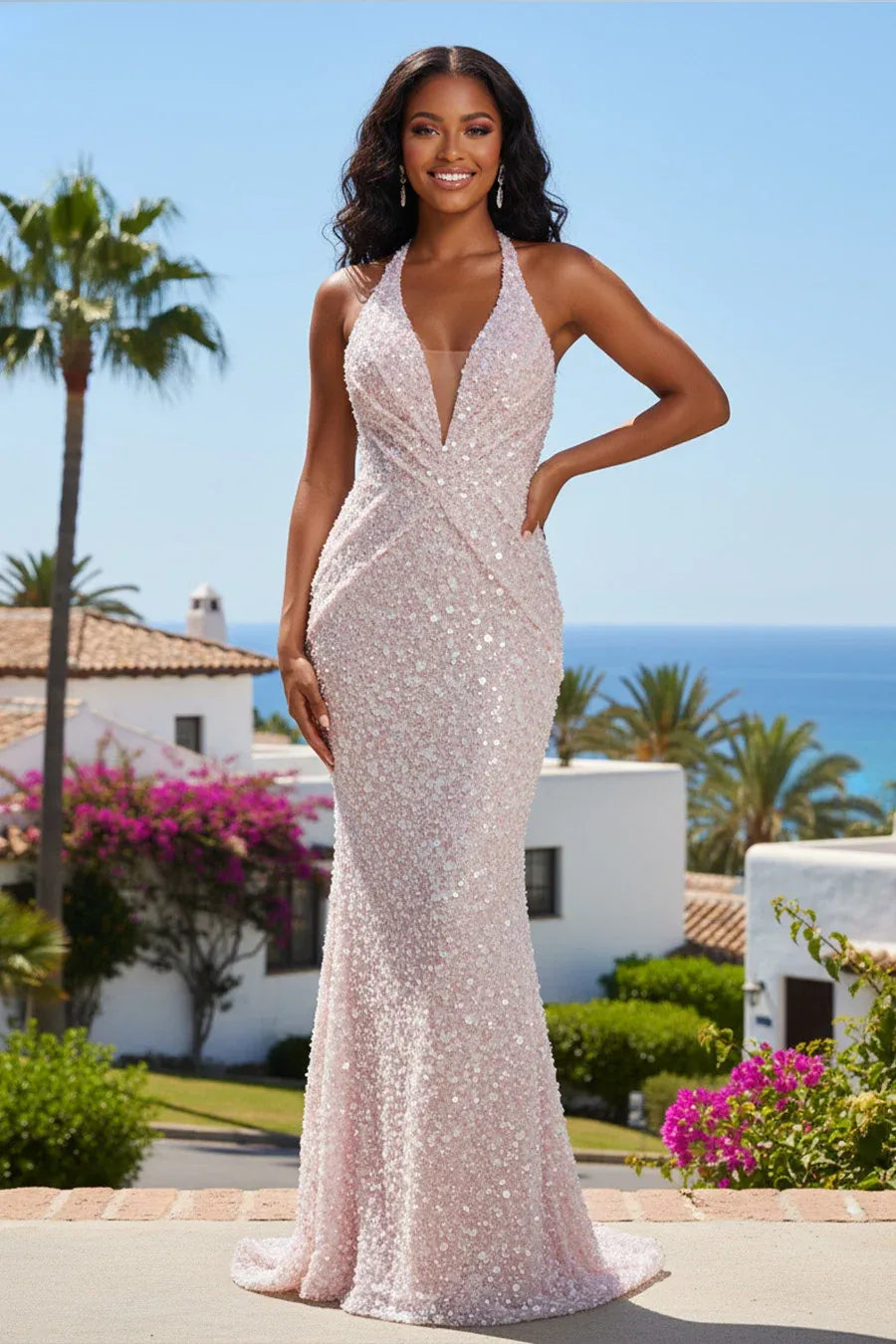 Stunning Mermaid Halter Neck Sequin Beaded Backless Long Evening Dress