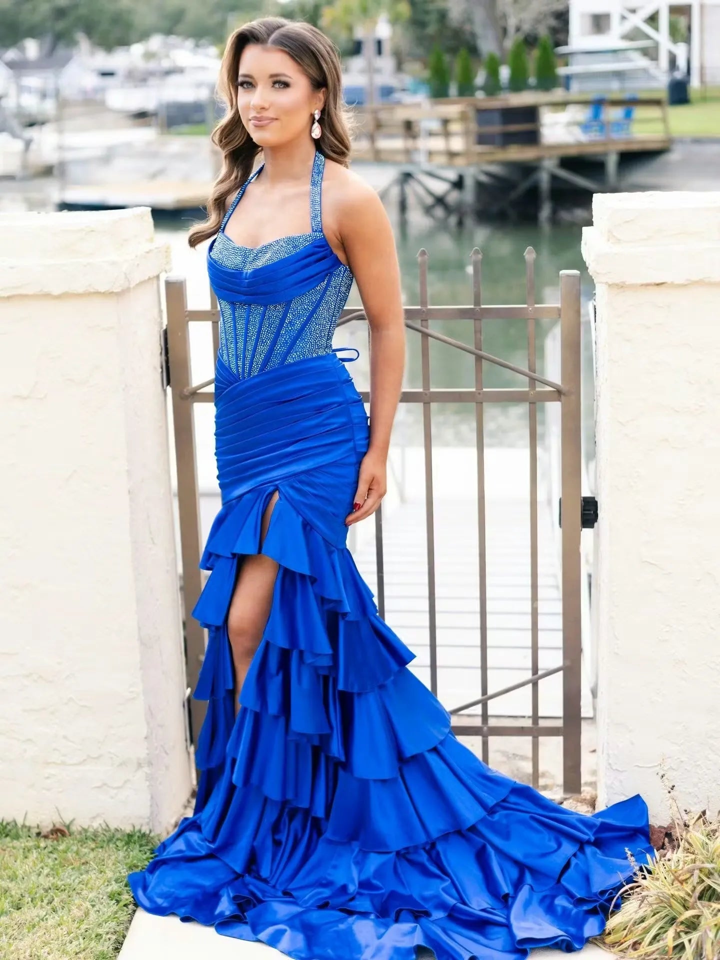 Stunning Mermaid Halter Sleeveless Beaded Satin Long Ruffled Prom Dress