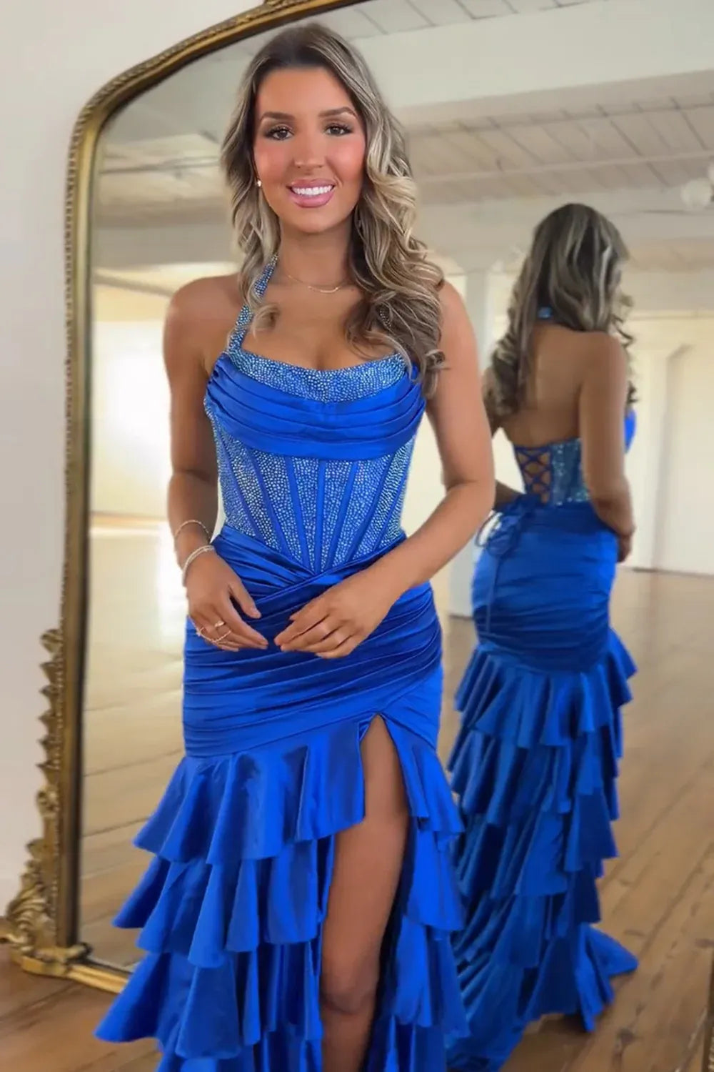 Stunning Mermaid Halter Sleeveless Beaded Satin Long Ruffled Prom Dress