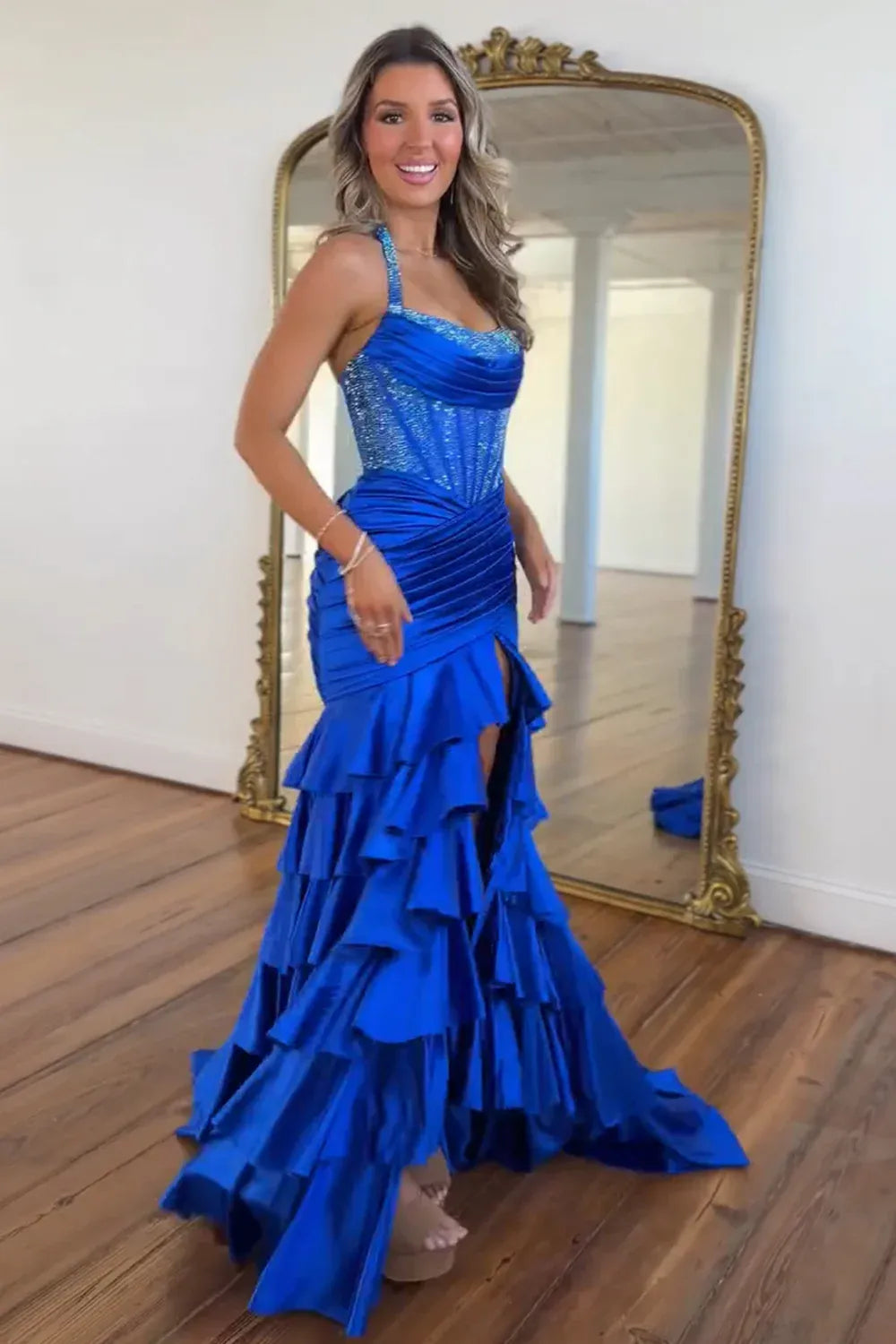 Stunning Mermaid Halter Sleeveless Beaded Satin Long Ruffled Prom Dress