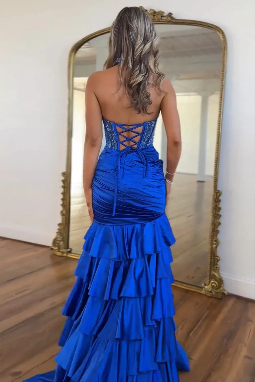 Stunning Mermaid Halter Sleeveless Beaded Satin Long Ruffled Prom Dress