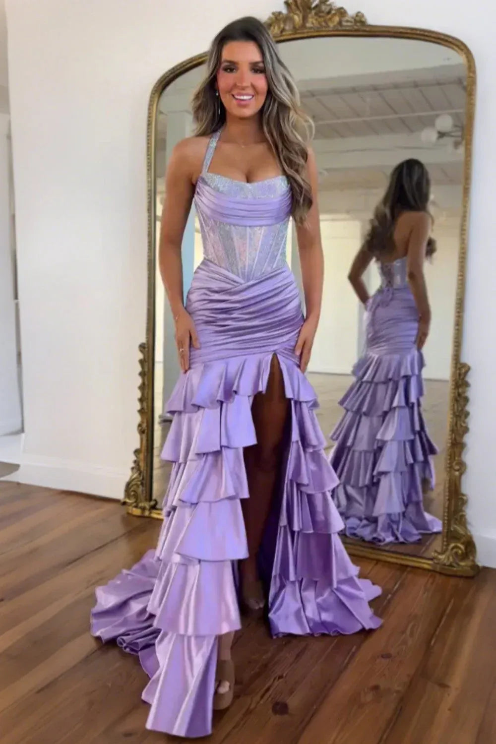 Stunning Mermaid Halter Sleeveless Beaded Satin Long Ruffled Prom Dress