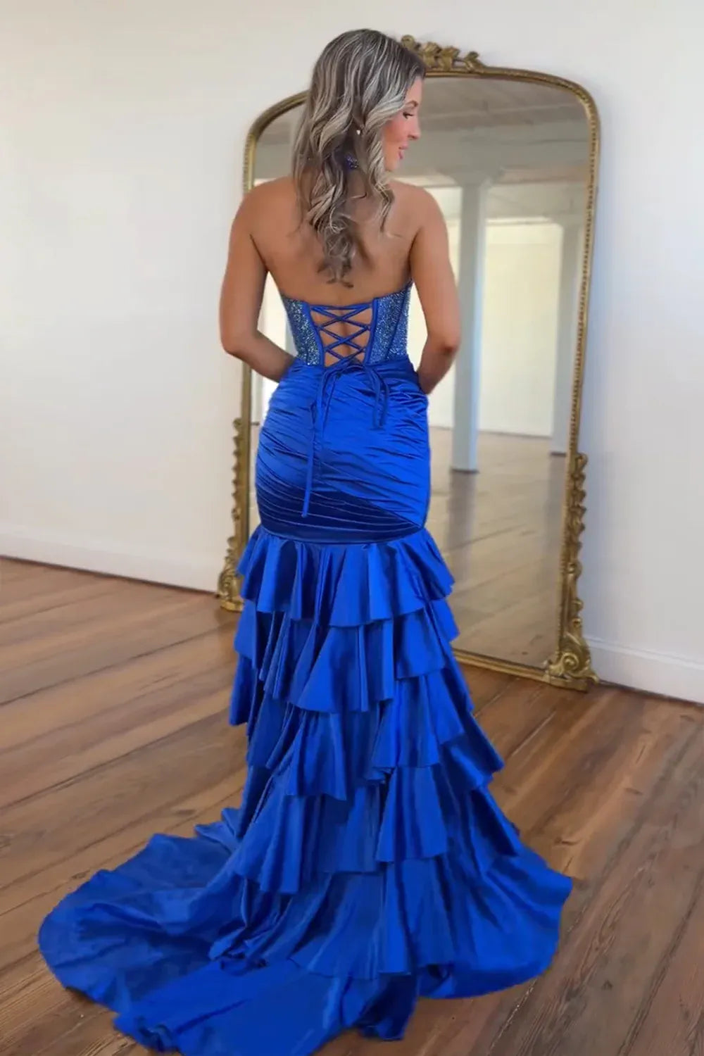 Stunning Mermaid Halter Sleeveless Beaded Satin Long Ruffled Prom Dress
