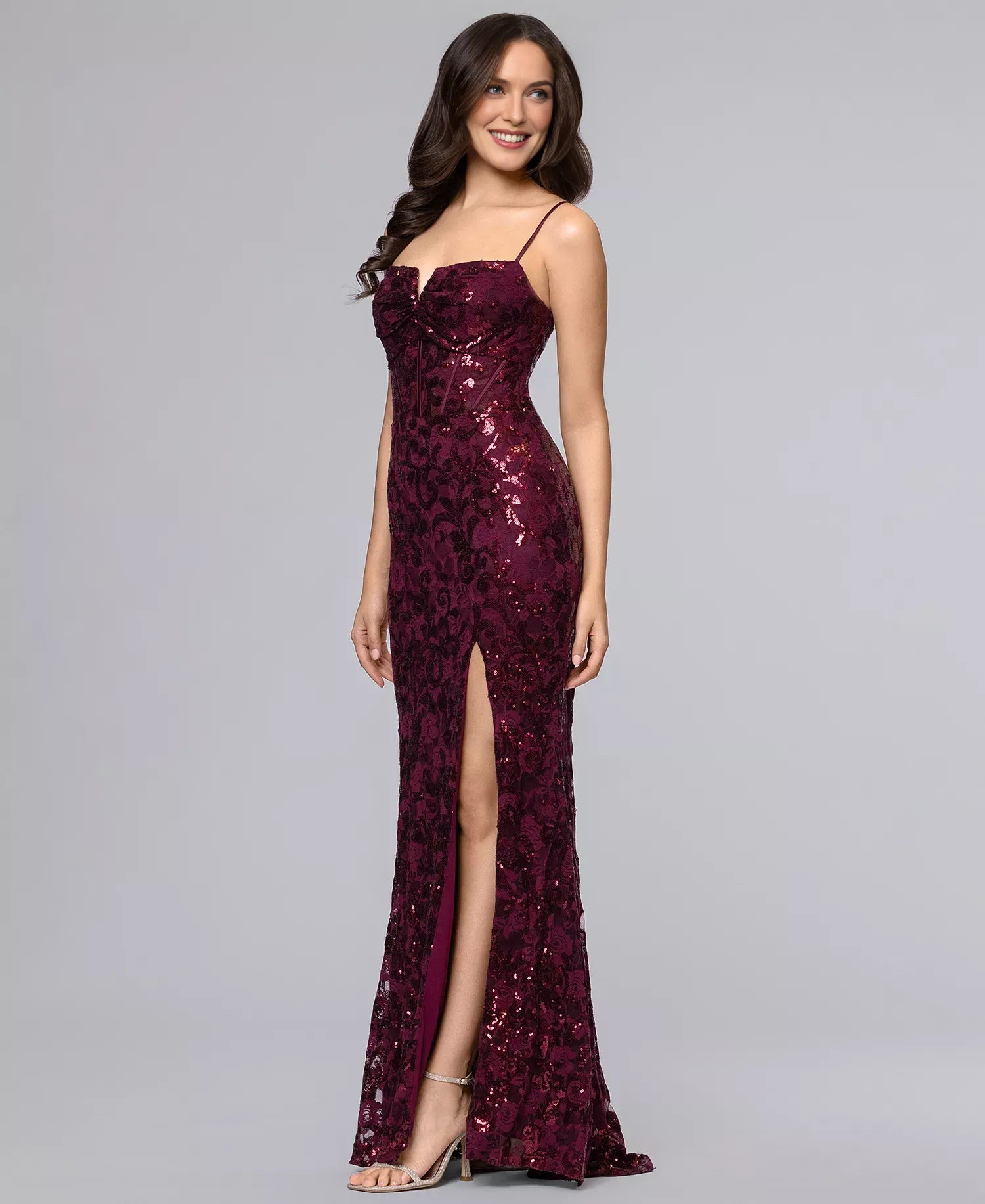 Stunning Mermaid Spaghetti Strap Sequin Lace Long Corset Evening Gown With Hight Slit