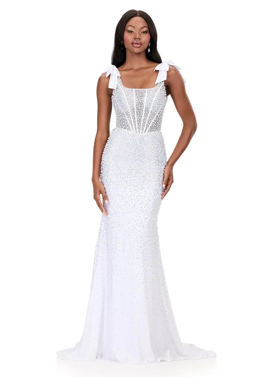 Impresionante Vestido Largo de Satén con Escote Cuadrado, Diseño de Sirena, Lazo y Diamantes de Imitación para Fiesta de Graduación