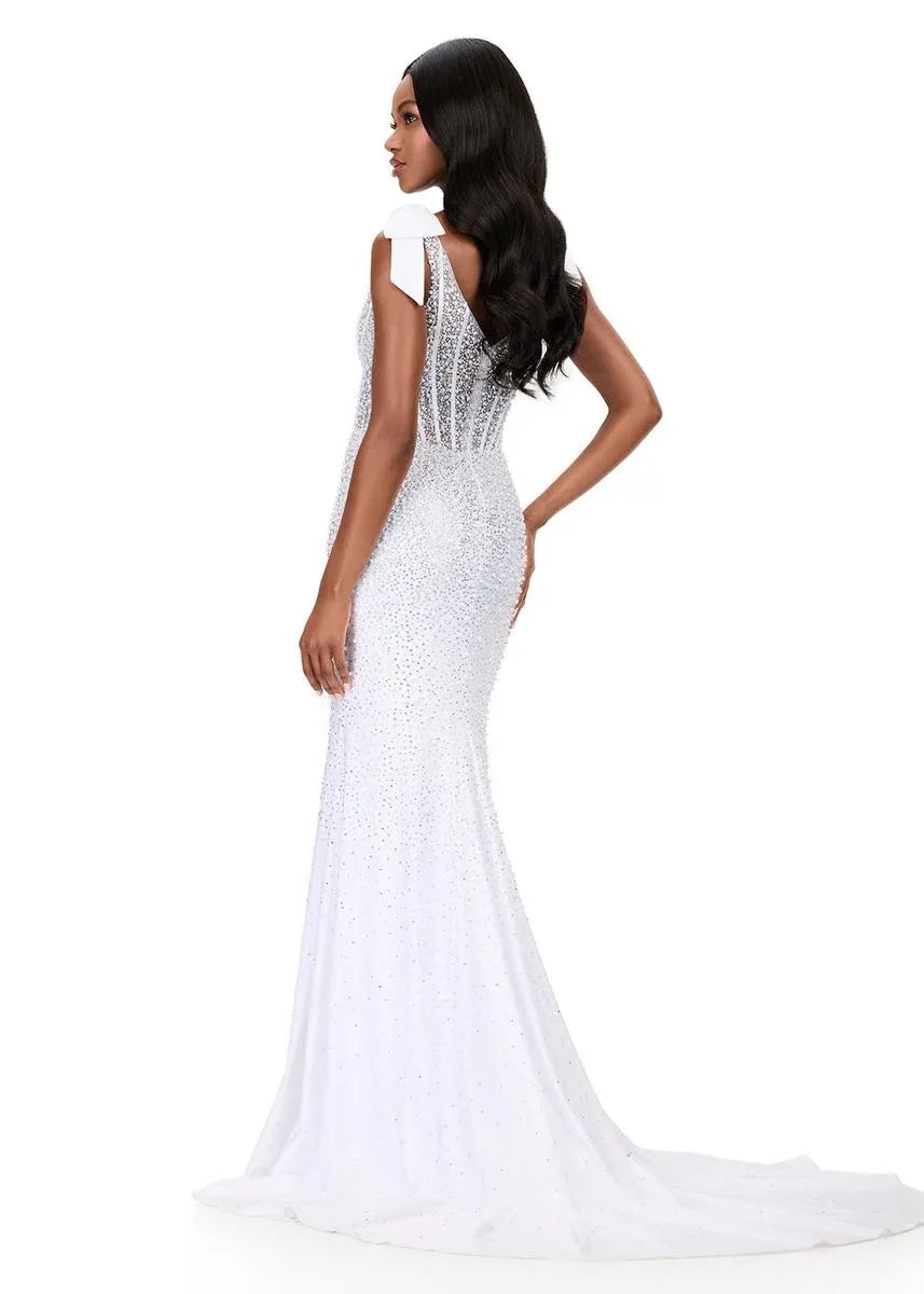 Impresionante Vestido Largo de Satén con Escote Cuadrado, Diseño de Sirena, Lazo y Diamantes de Imitación para Fiesta de Graduación