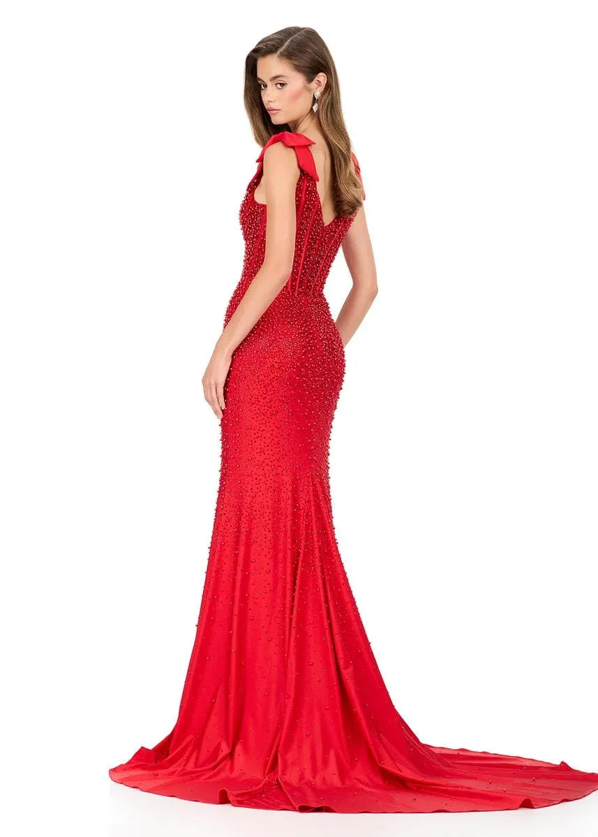 Impresionante Vestido Largo de Satén con Escote Cuadrado, Diseño de Sirena, Lazo y Diamantes de Imitación para Fiesta de Graduación