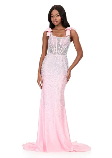 Stunning Mermaid Square Neck Satin Long Dress Bow Rhinestone Prom Gown