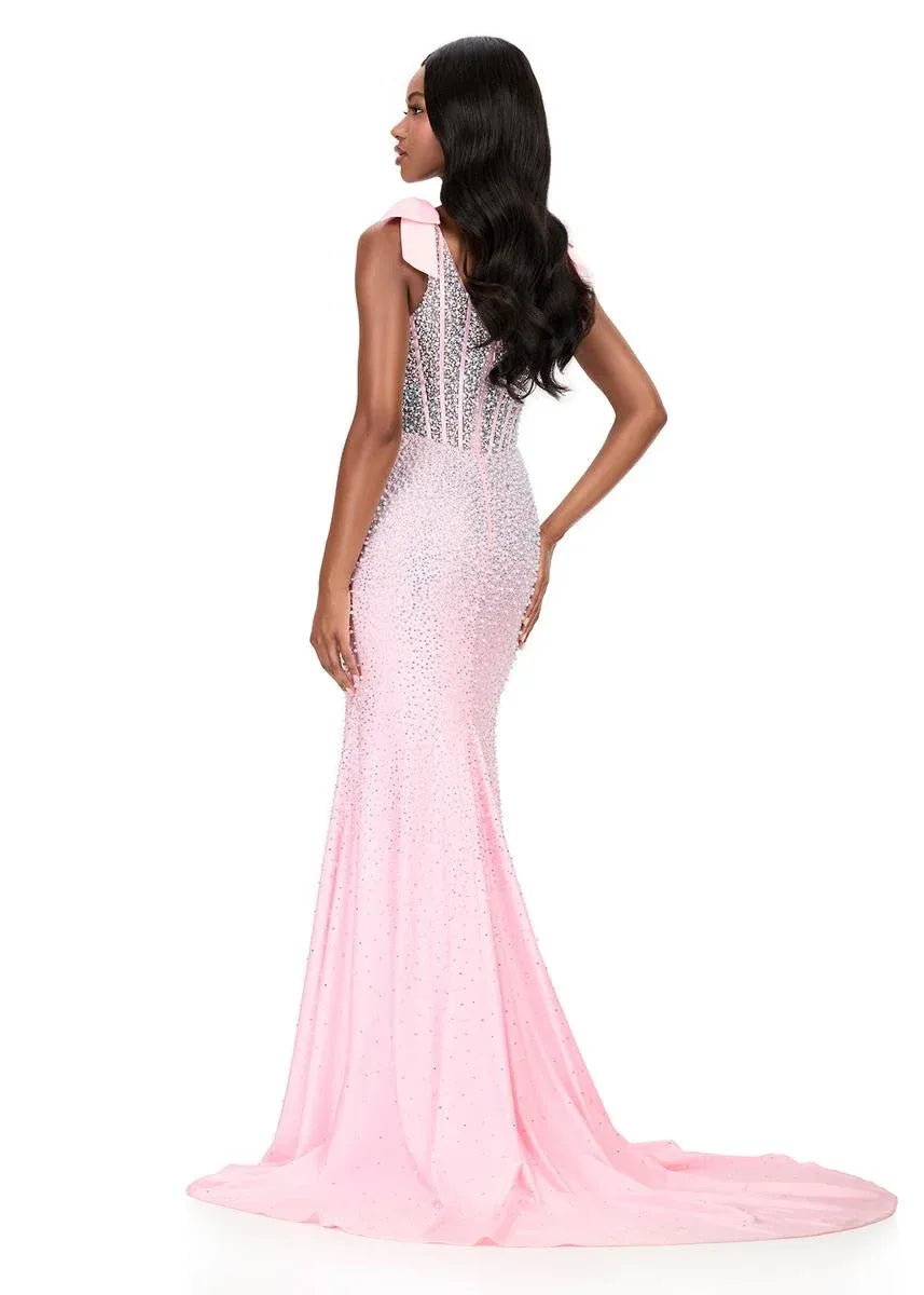 Impresionante Vestido Largo de Satén con Escote Cuadrado, Diseño de Sirena, Lazo y Diamantes de Imitación para Fiesta de Graduación
