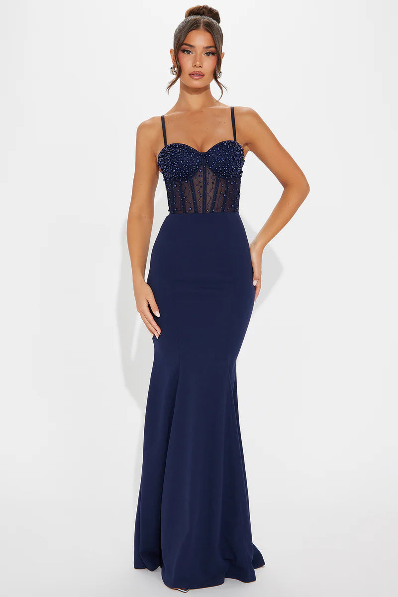 Stunning Mermaid Sweetheart Mesh Maxi Beaded Formal Corset Evening Gown