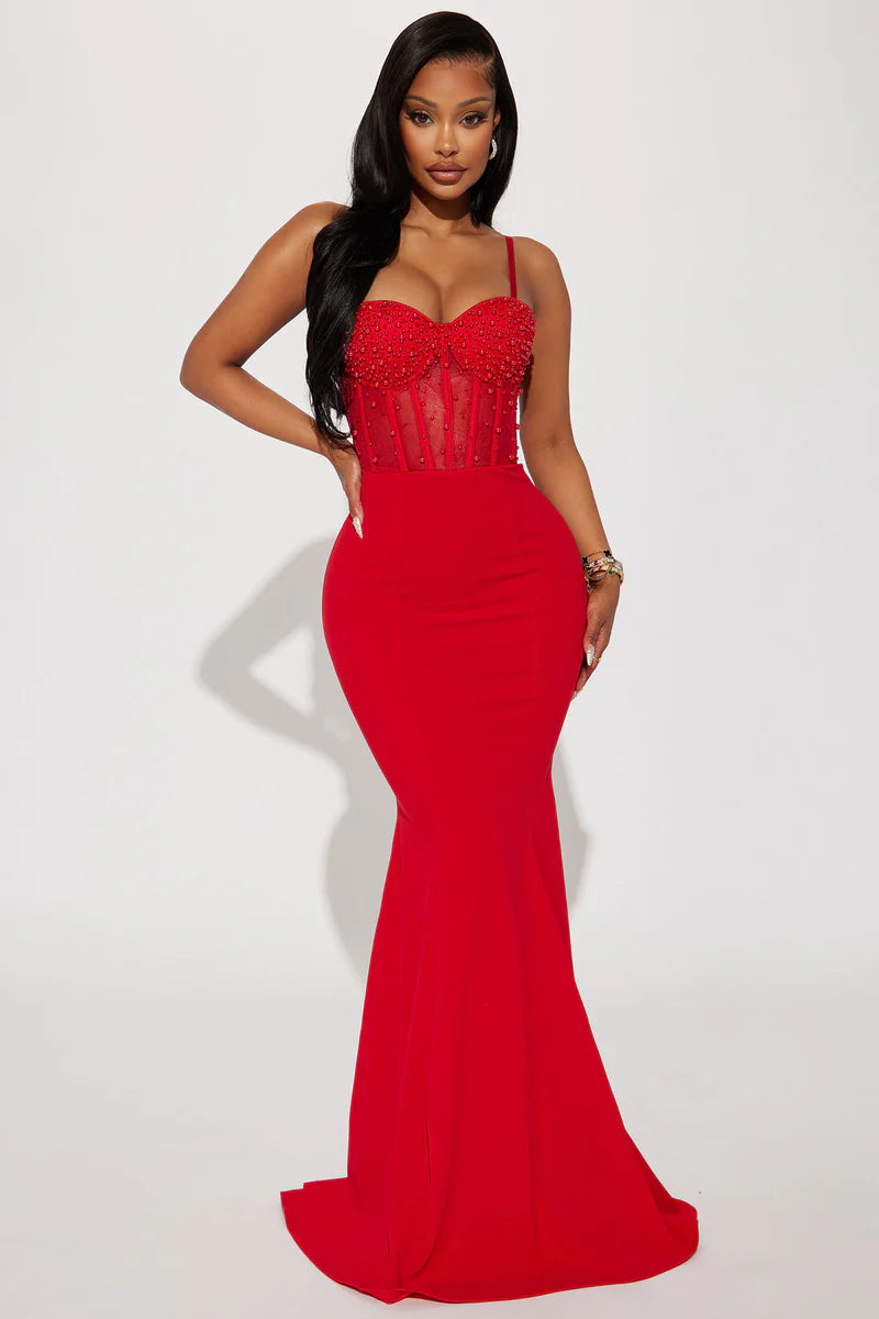 Stunning Mermaid Sweetheart Mesh Maxi Beaded Formal Corset Evening Gown