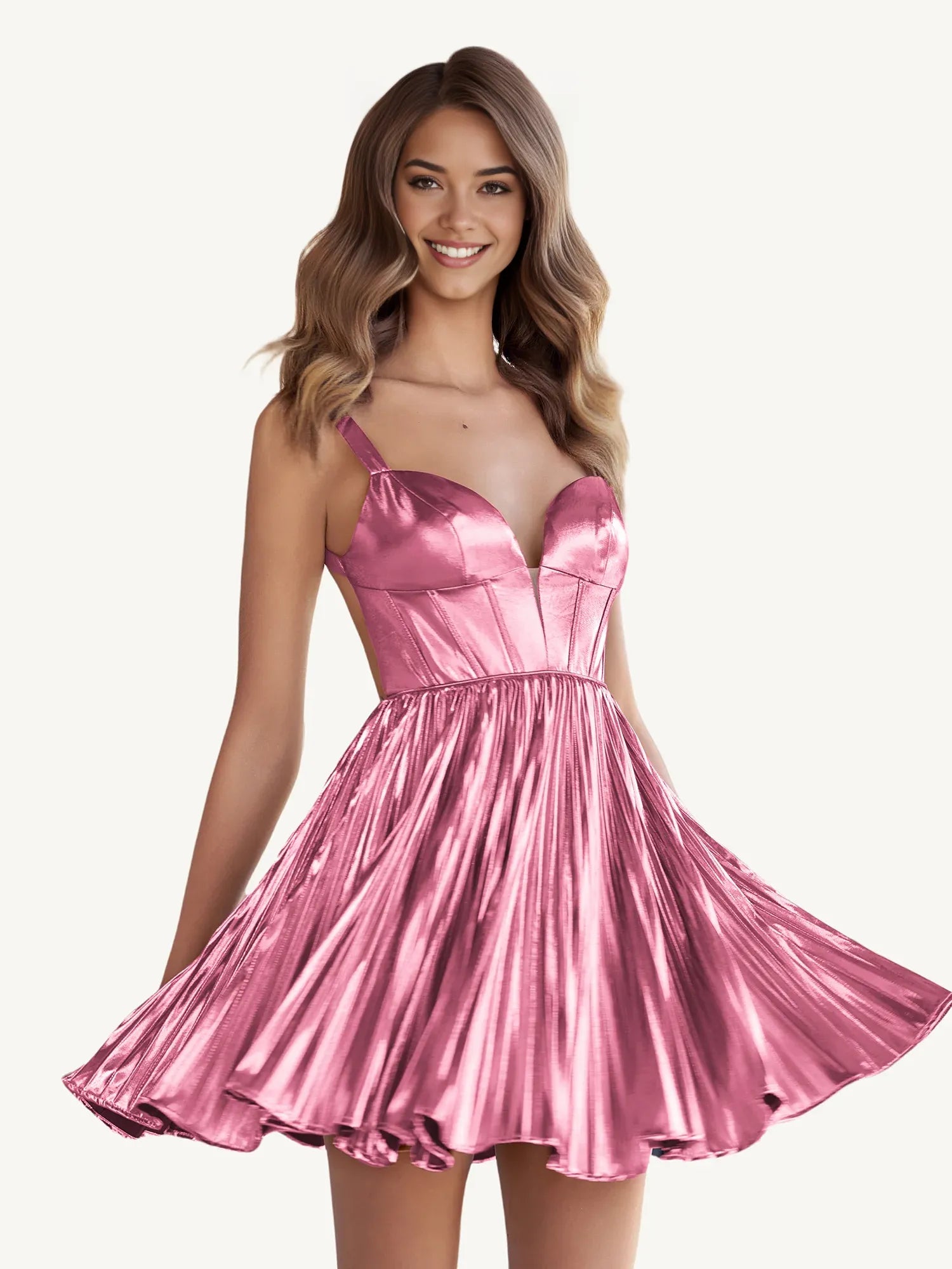 Stunning Sexy Backless Pleated Metallic Mini Short A-line Homecoming Dress