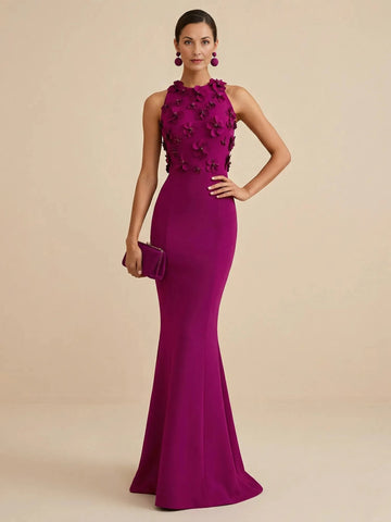 Vedress magenta crepe mother of the bride dress halter neck sleeveless 3d floral applique mermaid long evening gown