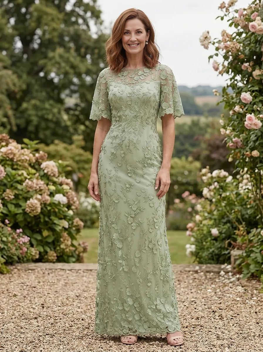 Vedress sage green lace mermaid mother of the bride dress round neck short sleeve garden wedding gown