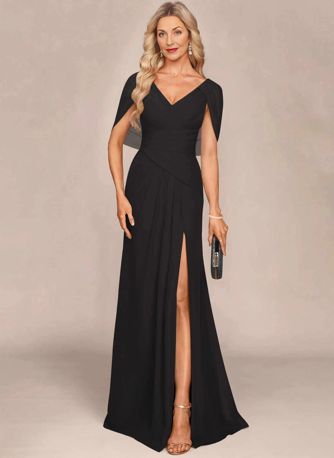Vedress Black V‑Neck Cape Sleeve Slit Mother Dress Front View