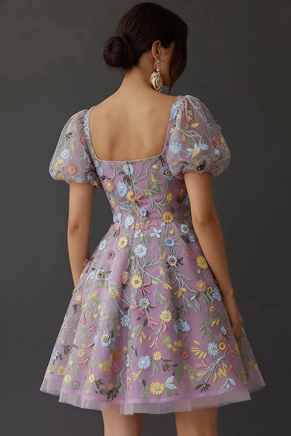 Vedress lavender floral embroidery homecoming dress, square neck puffed short sleeve, square open back, a‑line tulle short cocktail gown for women
