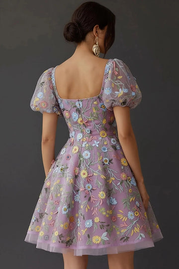 Vedress lavender floral embroidery homecoming dress, square neck puffed short sleeve, square open back, a‑line tulle short cocktail gown for women