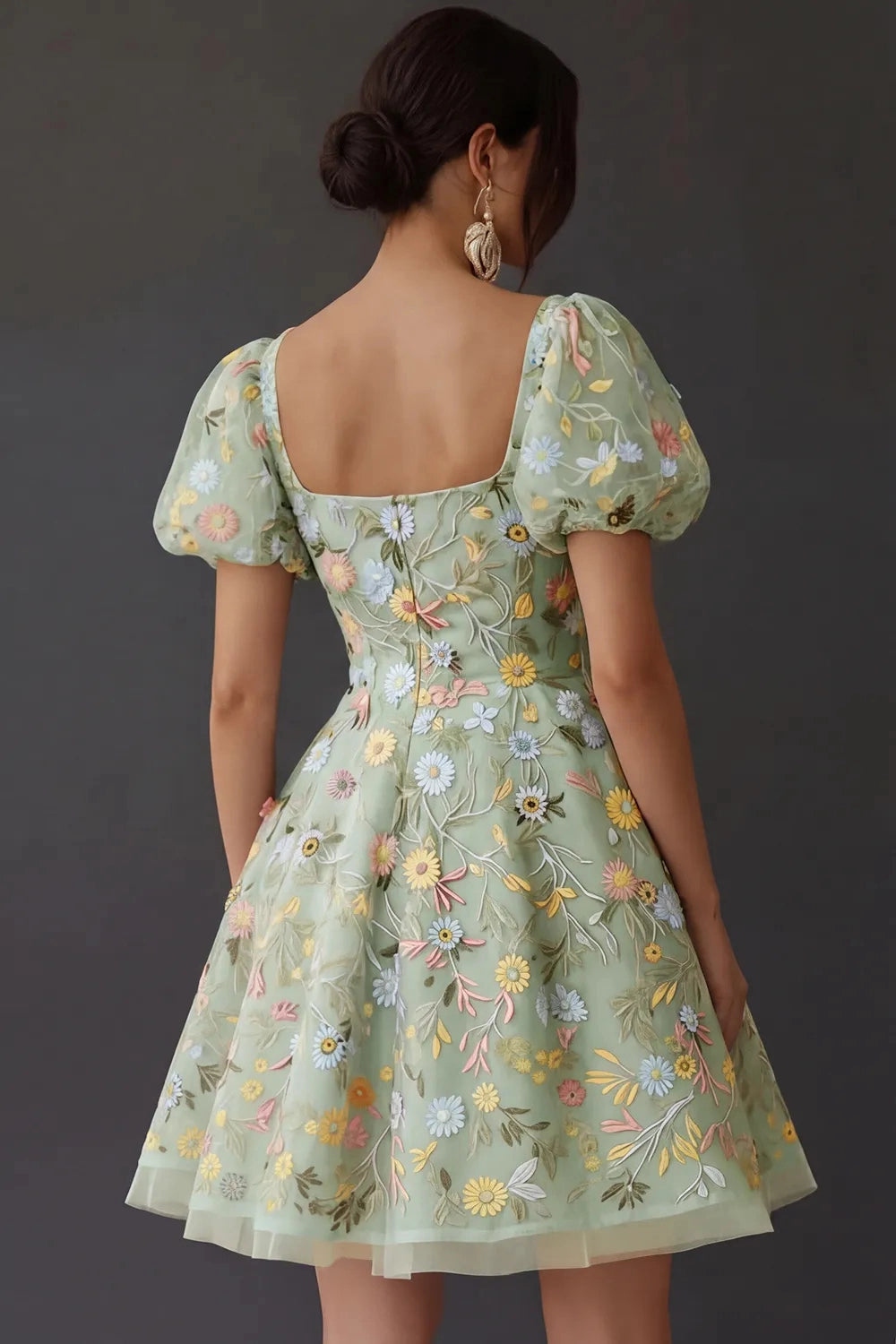 Sweet A‑Line Square‑Neck Puffed‑Sleeve Square‑Back Short Homecoming Dress